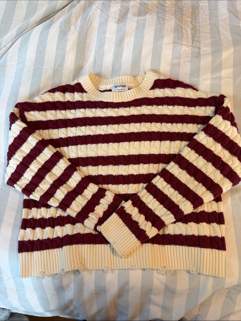 Striped Cable-Knit Crewneck Sweater - Cream & Burgundy